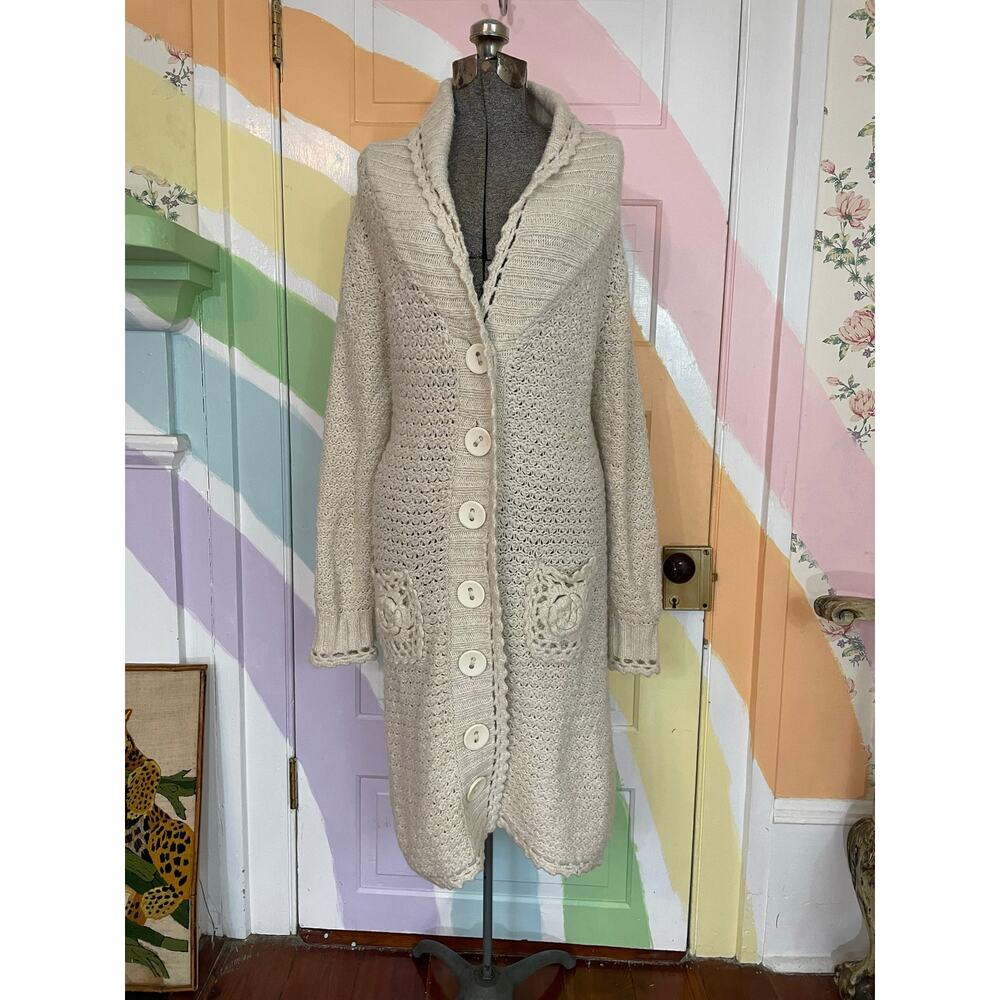 Mac & Jac Chunky Knit Cardigan Long Sweater Coat Cream L Boho Cozy